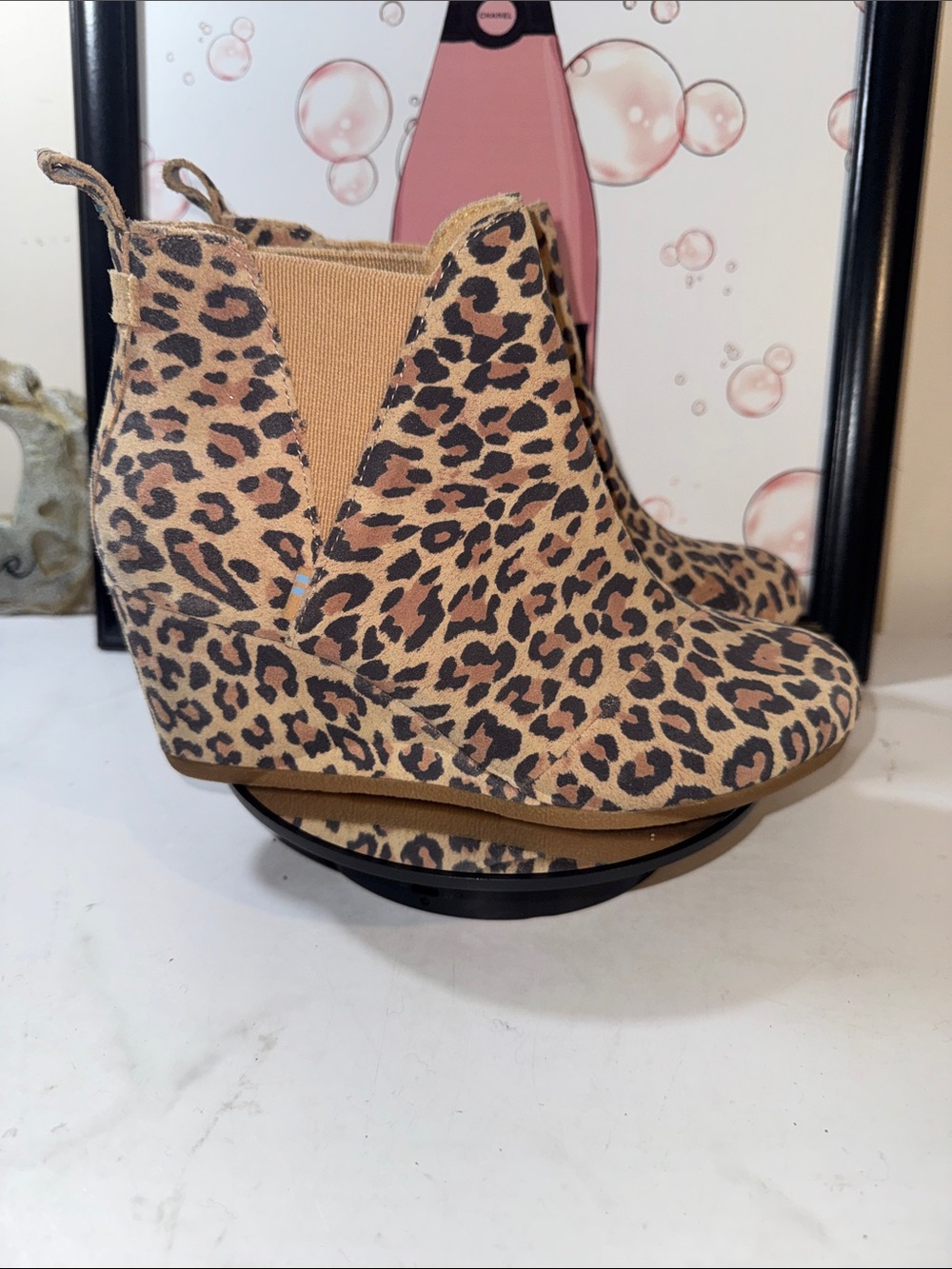 Toms Women’s Tan and Black Leopard Print Wedge Ankle Boots - Size 7